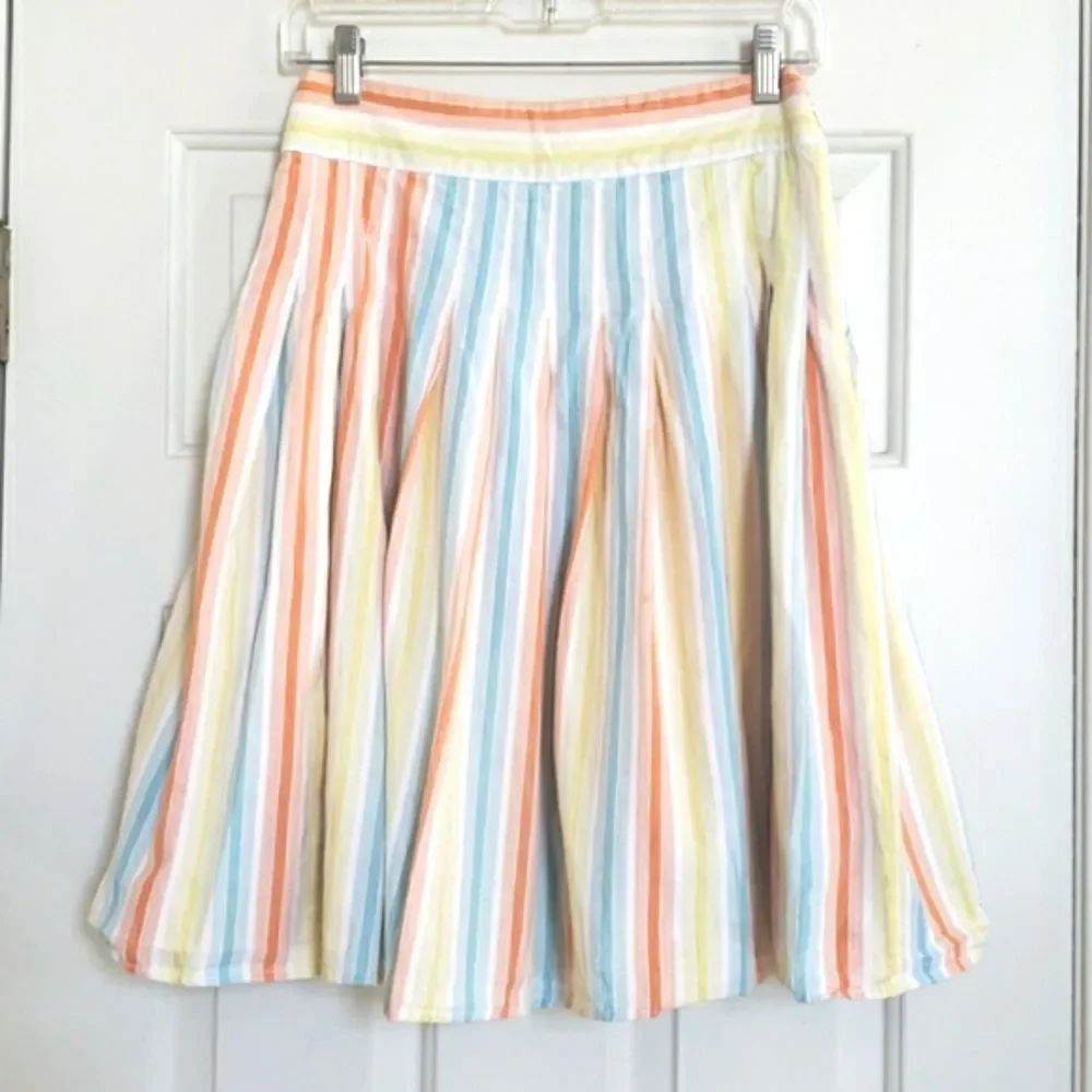 Anthropologie Odille Pastel Stripe Drop Waist Pleated Cotton A-Line Skirt 0 - Picture 2 of 9